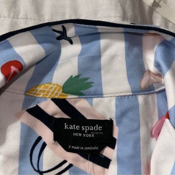 kate spade S White Aqua Blue Vertical Stripe Beach Themed Top Crop Pants PJ Set - Picture 10 of 11